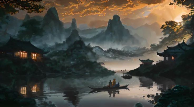 painting of a man and woman in a boat on a river, by Yang J, 4k highly detailed digital art, Detailed painting 4 K, inspired by Raphael Lacoste, 4k hd matte digital painting, Chinese landscape, Inspired by Fenghua Zhong, Detailed scenery —width 672, author...