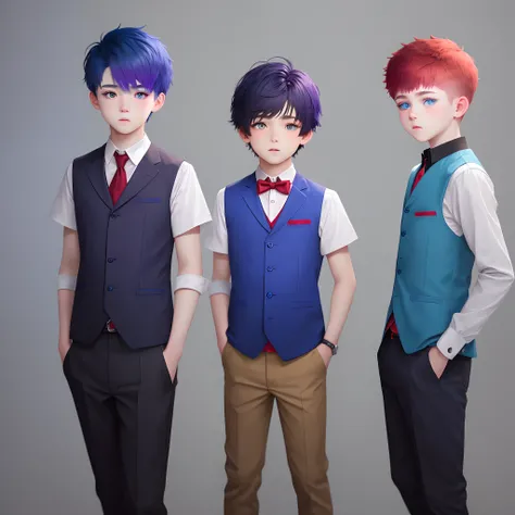 ((((without background)))),1boys,standing,  Shorthair, Dark purple hair, (((Heterochromatic,Red&Blue))),vest, Blue clothes,