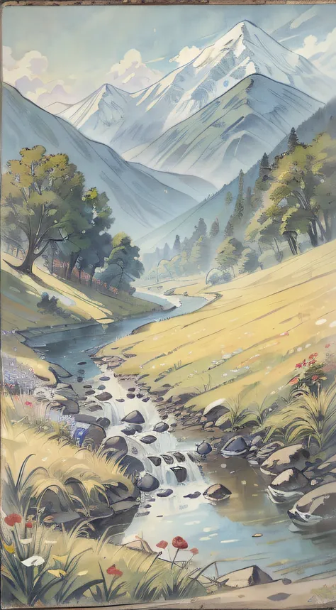 A painting of flowers and birds，The painting shows a lot of flowers blooming on the ground，Mountains and rivers，the woods，hilly，（Dont show up the persona）