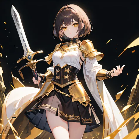 brunette color hair，short detailed hair，By bangs，Yellow eyes，adolable，teens girl，a skirt，gold armor，Wrap your chest，The chest is not shown，Head metal decoration，Sword in hand