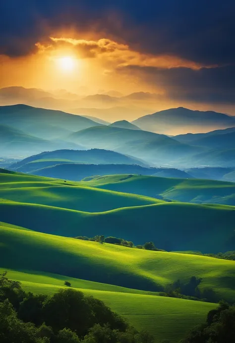 The blue sky meets the distant horizon and the green of the mountains that surround the town, donde a esta hora empieza a desperezarse el sol.