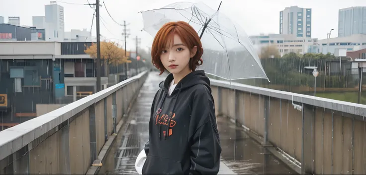 1girl, madoka, black hoodie, short hair, orange hair, 8k, relistic, ultra detail, 70mm lens, raining