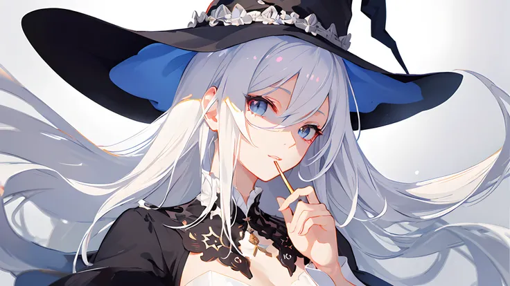 (masterpiece:1.2), best quality,PIXIV, smoking girl,Elaina,white hair,witch hat, 
white simple background,