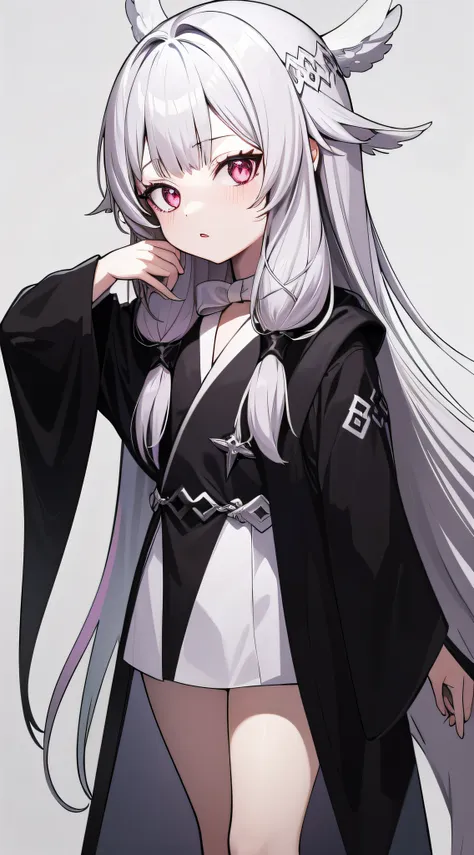 1 little girl, white hair(long hair)(tied), black-silver eyes(detailed eyes), wear a black robe, hair accessories