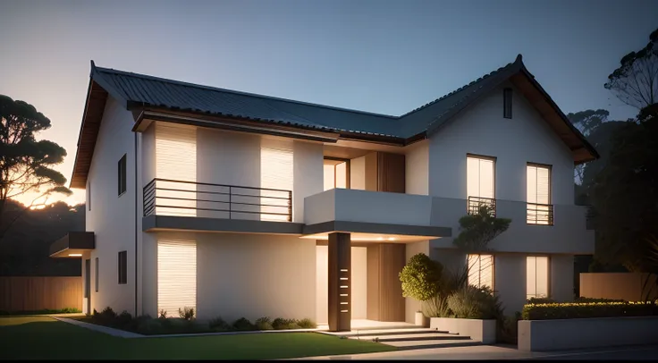 casa grande no meio da floresta, ((estilo moderno)),Front view, campo gramado, night ligthning, super detalhada, Lumion Pro rendering, cinematic rendering