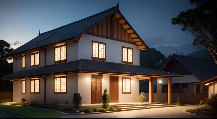 casa grande no meio da floresta, Front view, campo gramado, night ligthning, super detalhada, Lumion Pro rendering, cinematic rendering