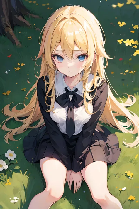 Anime girl cute, tall, blonde hair, 8k wallpaper, thighs, dark black school girl clothes, slim, sexy, sitting on grass