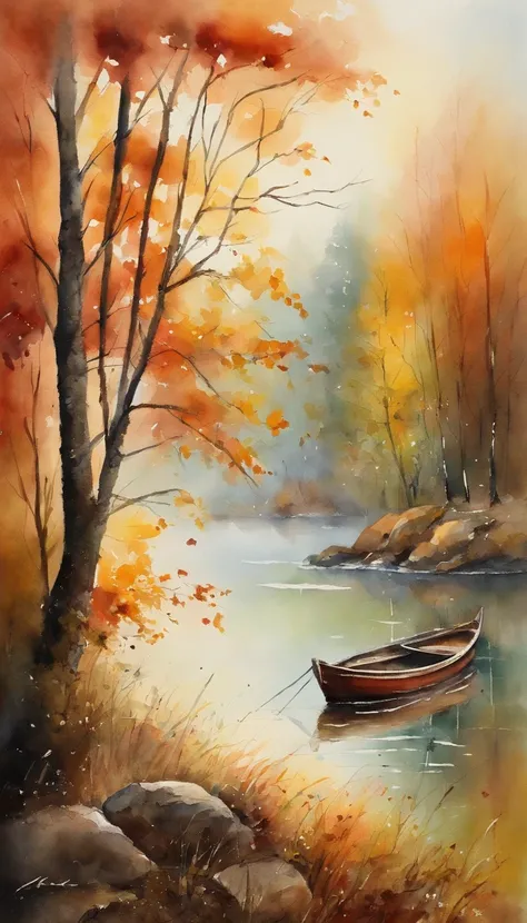 tmasterpiece, top-quality, high detal, Impressionism, Autumn morning, Cruise along the lake in the morning mist, haze, Cinematic light,