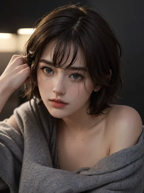 Best quality, masterpiece, ultra high res, (photorealistic:1.5), raw photo, 1girl, offshoulder, in the dark, deep shadow, low key, cold light, sexy look, short hair