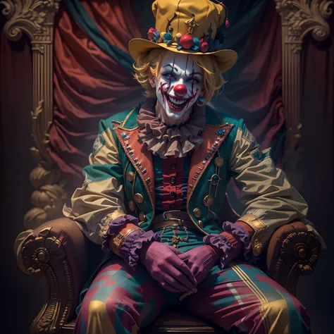 (Crazy clown), sitting on a golden throne, Wear a clown hat, Wear clown costumes, mitts, vivd colour, Laughing, Deep blonde hair, (terroral). ((Its all blood)), Circus props, spooky ambiance, haunted background. Surrealist style, Sharp contrast, ominous li...