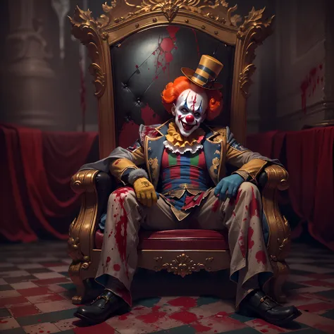 (Crazy clown), sitting on a golden throne, Wear a clown hat, Wear clown costumes, mitts, vivd colour, Laughing, Deep blonde hair, (terroral). ((Its all blood)), Circus props, spooky ambiance, haunted background. Surrealist style, Sharp contrast, ominous li...