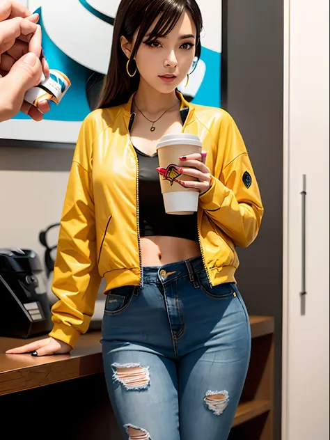 a woman in a yellow jacket and blue jeans and shirt, holding a cup of coffee, extremely detailed artgerm, anime girl drinks energy drink, senna from league of legends,