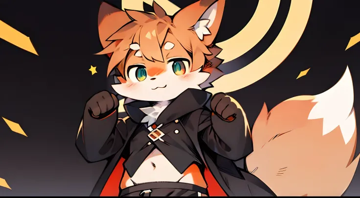 The little fox，heterochromatic eyes，Orange hair，cuteexpression，Black  shorts，Libido boy，black greatcoat，The coat is open，By bangs