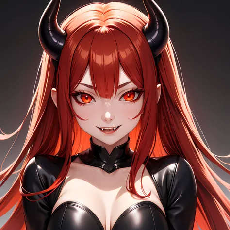 masterpiece, best quality, 1 girl, red hair, orange eyes, glowing eyes, horns, demon girl, succubus, eyeliner, fangs, evil smile, close up, gray background, wallpaper