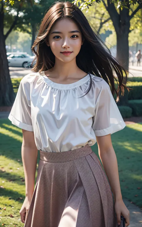 ​masterpiece, top-quality, in 8K, Official art, Raw foto, beautiful a girl, cute  face, White blouses, Teen, a park, cowboy  shot, A smile, A hyper-realistic, hight resolution, a picture, skirt by the, film grains, chromatic abberation, foco nítido, face l...