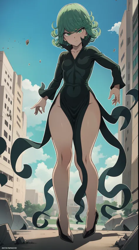 tatsumaki from one punch man, short green hair, green eyes, small chest, wearing fitting v-neck black dress, heels, full body vi...