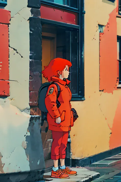 girl with orange hair, backpack, red coat