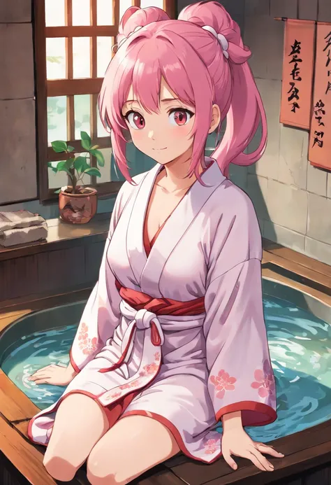 Ukiyo-e artist　poneyTail　in the edo era　bath robe　cute little　tits out　friendly　Pink hair