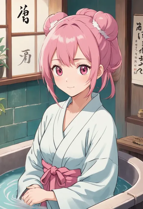 Ukiyo-e artist　poneyTail　in the edo era　bath robe　cute little　tits out　friendly　Pink hair