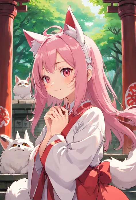 shrine maiden　jpn　Fox　shrines　Mask　Naughty Poses　cute little　tits out　friendly　Pink hair