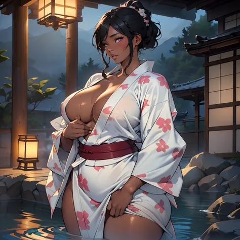 there is woman that is walking out onsen,(((A MILF: 1.4))), (Curvy:1.35),(((Dark skin))),Curvy physique,, Thick body，((big nipple)),((Completely naked)), (((pinching nipple in yukata))),((spilled milk)),(sexy pose),((pubic hair)), high-end onsen, Onsen, sa...