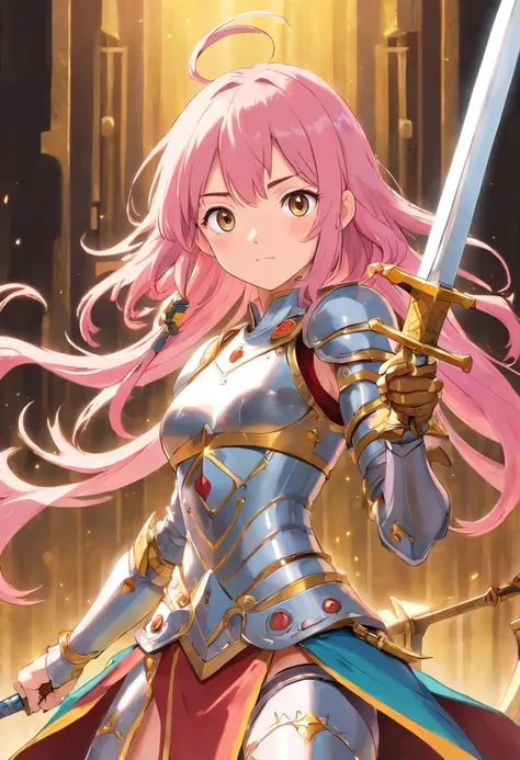 The brave　long　Silver and golden armor　Legendary Sword　Naughty Poses　cute little　tits out　friendly　Pink hair