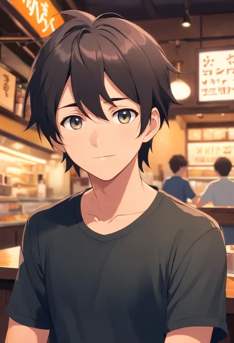 Black shirt，Handsome boy，Cafe，disdainful expression