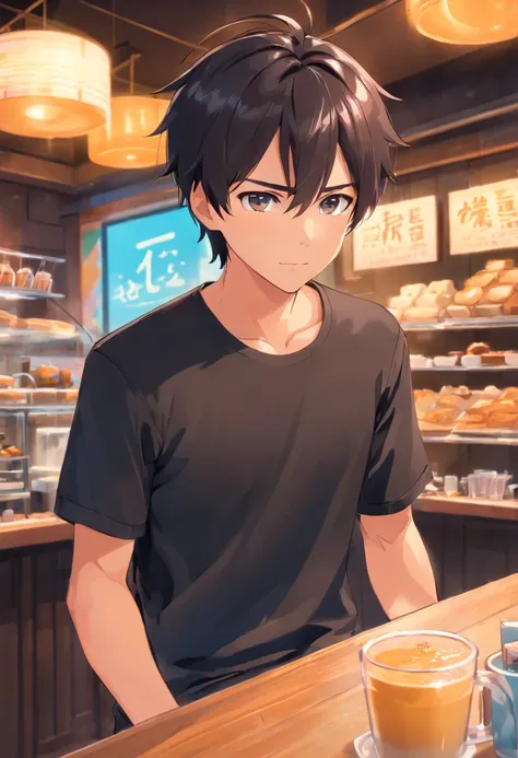 Black shirt，Handsome boy，Cafe，disdainful expression