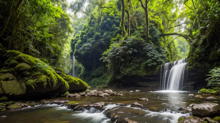 A lush green forest with towering trees and a crystal clear river running through it, with strange new plant and animal species, The trees are unlike any that have ever been seen before, with gnarled branches and leaves of all shapes and sizes, The river i...