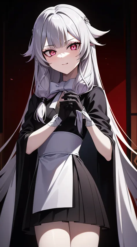 1 girl, white hair(long hair)(tied), black-silver eyes(detailed eyes), wear a black robe, (looking at the audience with a smug f...