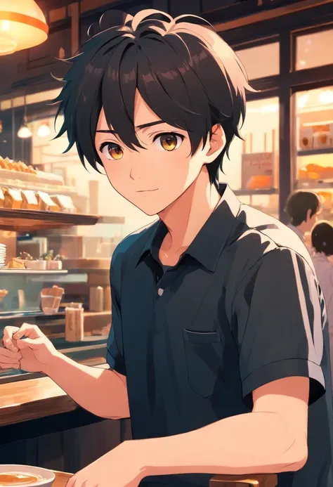 Black shirt，Handsome boy，Cafe，Pure black eyes