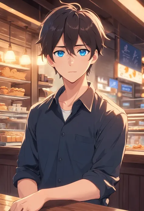 Black shirt，Handsome boy，Cafe，disdainful expression，blue colored eyes