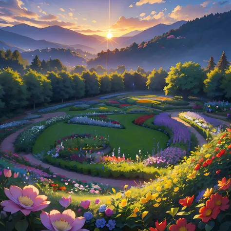 Beautiful  flower garden in sunset hd