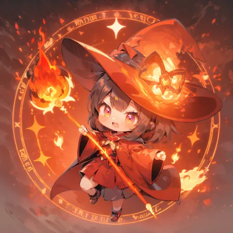 (Ruby Masterpiece 1.3), (Best Quality), (ultra-detailliert), (girl with), (Solo), (Cool), Full body, (Hold the mages wand:1.10), Skirt, shoes, Ahoge, (witchs robe:1.4), (Witch Hat), (Dynamic Pose:1.6), (((Chibi Character))), (((Deformed))), (Flame effect:1...