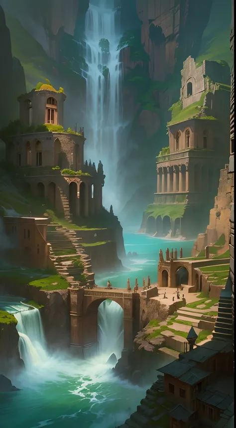 there is a large waterfall in the middle of a mountain, ancient city, epic matte painting of an island, the lost city of atlantis, an aztec city in a island lake, ancient city landscape, lost city of atlantis, marc simonetti. intricate, beautiful concept a...