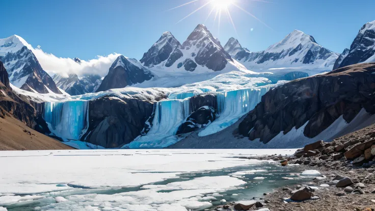 A snow-capped mountain range with glaciers and waterfalls, with new ice formations and snow patterns, The mountains are so tall that their peaks are lost in the clouds, The glaciers are massive, and waterfalls cascade down their sides, The snow patterns on...