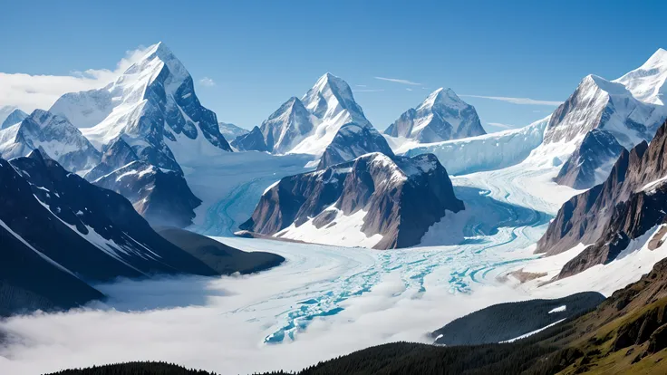 A snow-capped mountain range with glaciers and waterfalls, with new ice formations and snow patterns, The mountains are so tall that their peaks are lost in the clouds, The glaciers are massive, and waterfalls cascade down their sides, The snow patterns on...