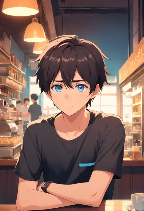 Black shirt，Handsome boy，Cafe，disdainful expression，pale blue color eyes