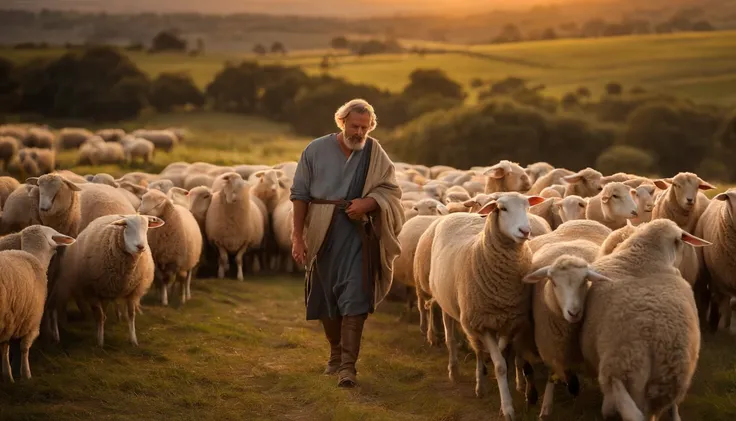 (Biblical times) David Bible Tending the Sheep: Crie uma cena de Davi como pastor de ovelhas, com um rebanho no campo e ele cuidando carinhosamente delas. (personagem biblico) Povos judeus, His gaze is charged with hope, is looking to the right of the imag...