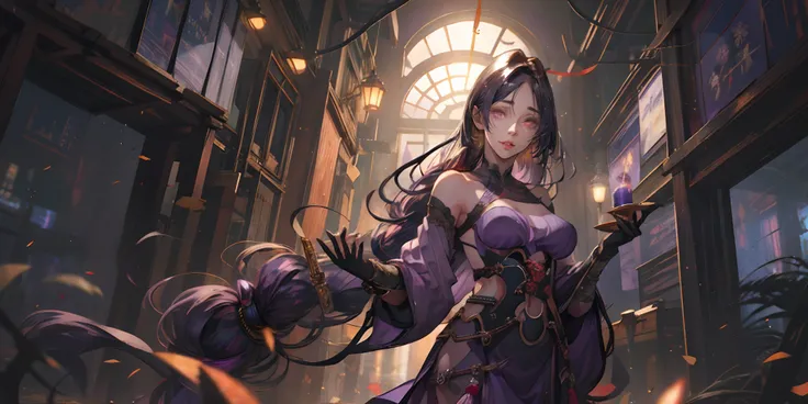 hmmr1, minamoto no raikou (fate), (dark-purple hair, long hair:1.7), purple eyes, epic art, fantasy art, 1girl, breasts, solo, s...