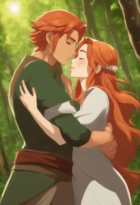 A man and a woman hugged in the woods, female link and malon kissing, peasant boy and girl first kiss, gregoire and manon, lovely kiss, kisses are wordless spells, fairy tale style background, Girl with red hair, upper legs,The boy is Naruto Uzumaki, Stron...