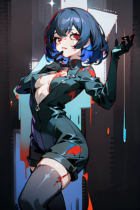 bangs, Blue hair，Wear socks，Blackened，Wrapped in black slime,A sad expression,Say goodbye to the gaze，Red coat,long eyelasher, solid circle eyes, Light smile，onesie，Venom possession，Blackened，Long blue gloves，Jumpsuits， black lence stockings，Chiaroscuro, R...