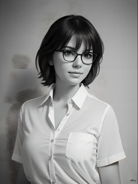 realistic graphite pencil portrait; modern young woman 38 years old, round face, big shiny brown eyes, eyeglasses, one-sided smi...