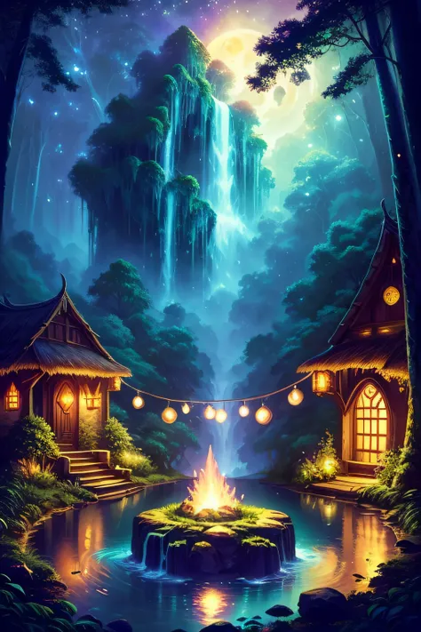 (moonlit jungle, mystical elf village),illustration,ultra-detailed,natural wildlife,ethereal glow,vibrant colors,lush greenery,twinkling stars,cascading waterfalls,sleeping wildlife,soft moonlight,dreamlike atmosphere,hidden pathways,exotic creatures,silen...