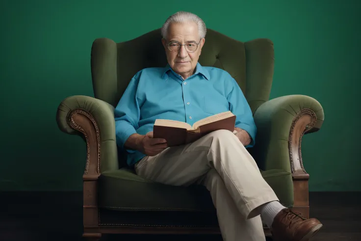 homem arafed sentado em uma cadeira lendo um livro, retrato do livro, Ler um livro, foto de retrato, Lendo novo livro, retrato de alta qualidade, dramatic reading book pose, foto de retrato detalhada, um homem de 80 anos, sentado em uma poltrona, in a comf...