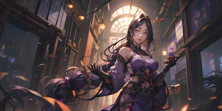 hmmr1, minamoto no raikou (fate), (dark-purple hair, long hair:1.7), purple eyes, epic art, fantasy art, 1girl, breasts, solo, s...