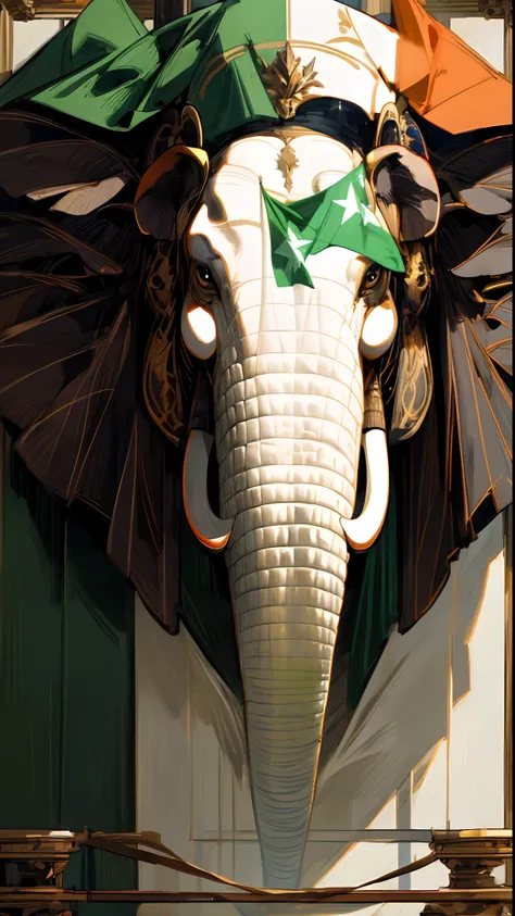 (best quality,8k,highres,masterpiece:1.2),elephant head,tusks,ivory coast flag in the background,orange,white,green,two stars on the head of the elephant