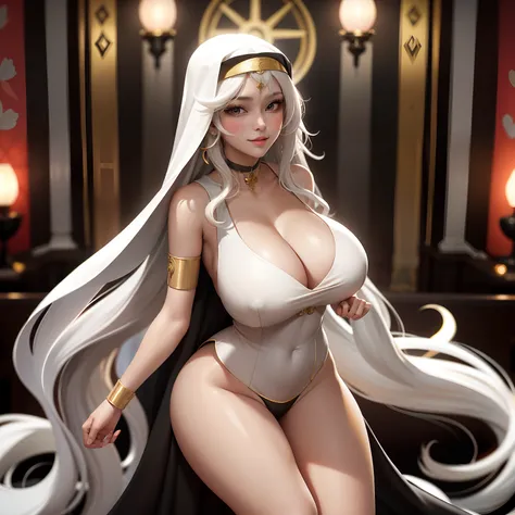 best qualtiy，Full body like，Cinema lenses，Refined face，pretty  face，Cute sexy girl，ssmile，slimfigure，Stand in front of a  art sculpture，Long curly white hair，mediuml breasts，Golden Chapel，Openwork sexy nun uniform，Delicate and sexy nun robes，chies，，Beth，in...