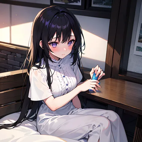 1 girl with long black hair, white dress, purple eyes, blushing