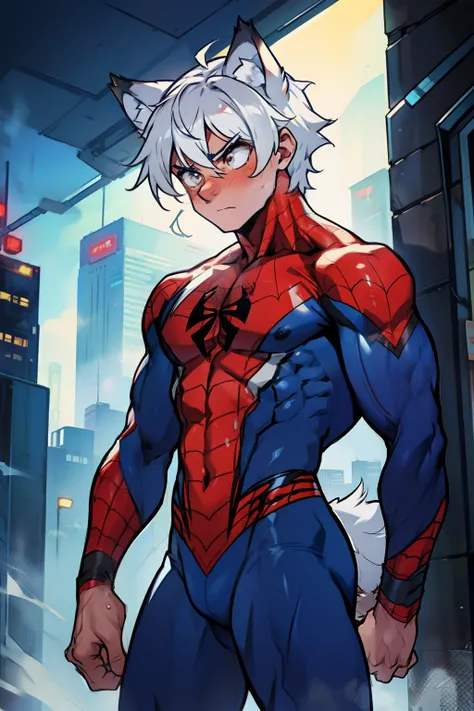 Muscular male wearing spiderman suit , has long flowing white hair, has wolf ears, has wolf tail, wearing lingerie, sweaty, is alone, solo, looks embarrassed